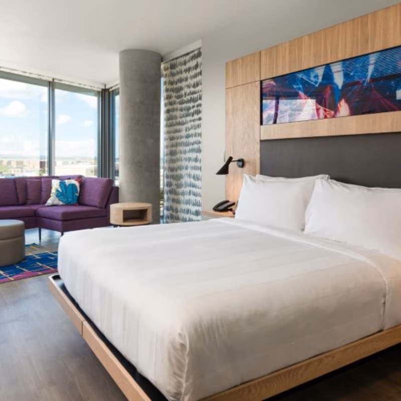 Modern guestroom interior with city views