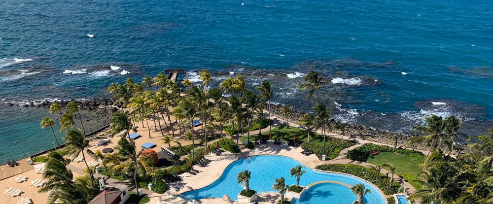Aerial view of a tropical resort with palm trees and pool