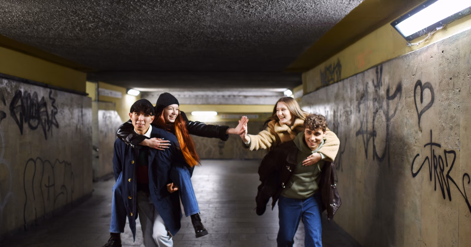 Young adults enjoying an urban, colorful setting